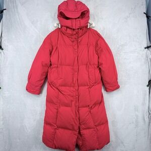 Eddie Bauer Goose Down Puffer Parka Women XL Red Vintage Hooded Full Length Coat